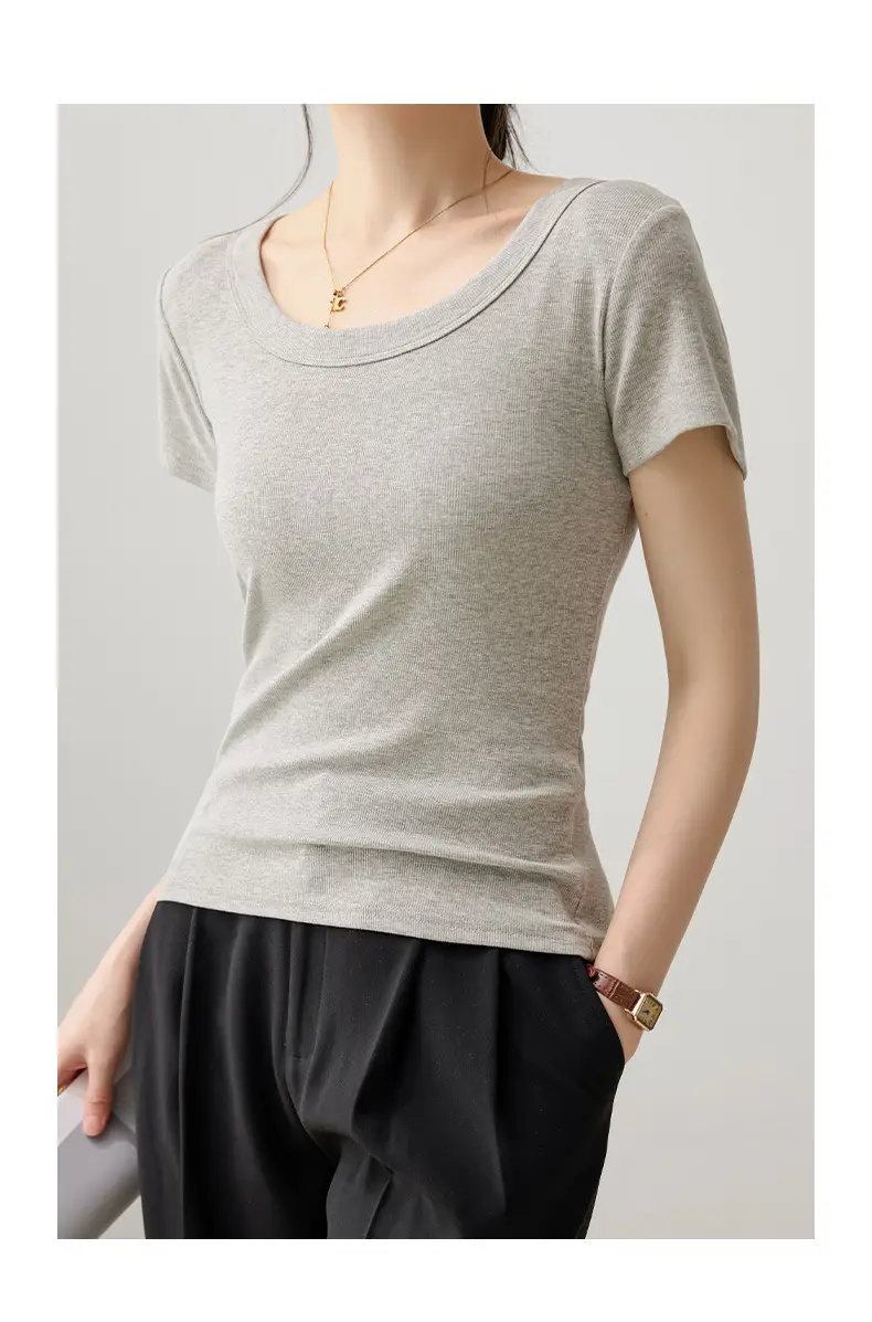 Solid Color Regular Shoulder Round Neck Short Sleeve T-Shirt for Women 2026 New Summer Versatile Slim Fit Cotton Base U-Neck Top — feature 18