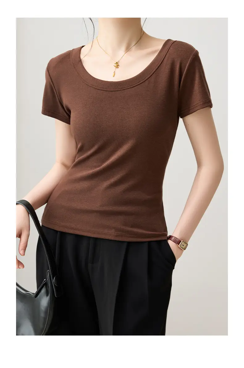 Solid Color Regular Shoulder Round Neck Short Sleeve T-Shirt for Women 2026 New Summer Versatile Slim Fit Cotton Base U-Neck Top — feature 19