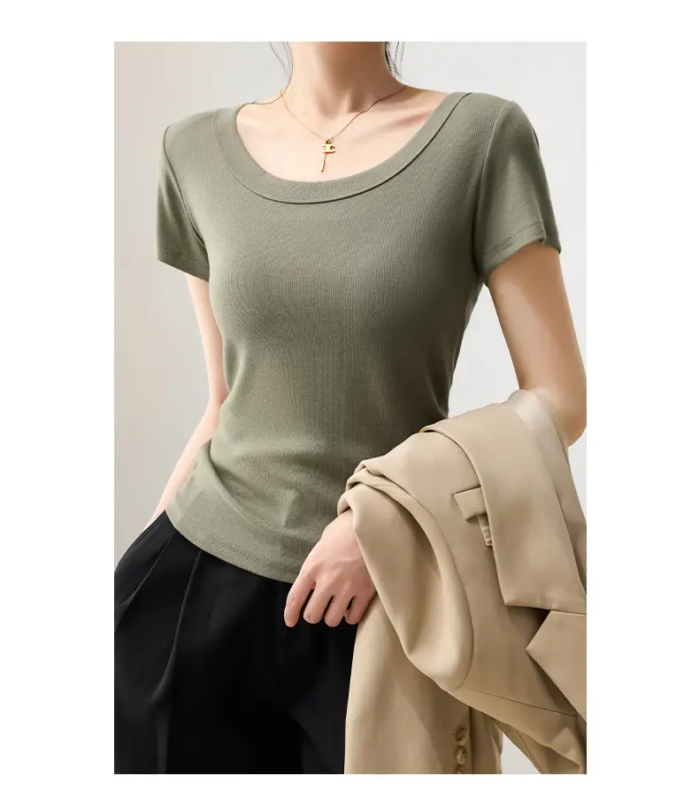 Solid Color Regular Shoulder Round Neck Short Sleeve T-Shirt for Women 2026 New Summer Versatile Slim Fit Cotton Base U-Neck Top — feature 7