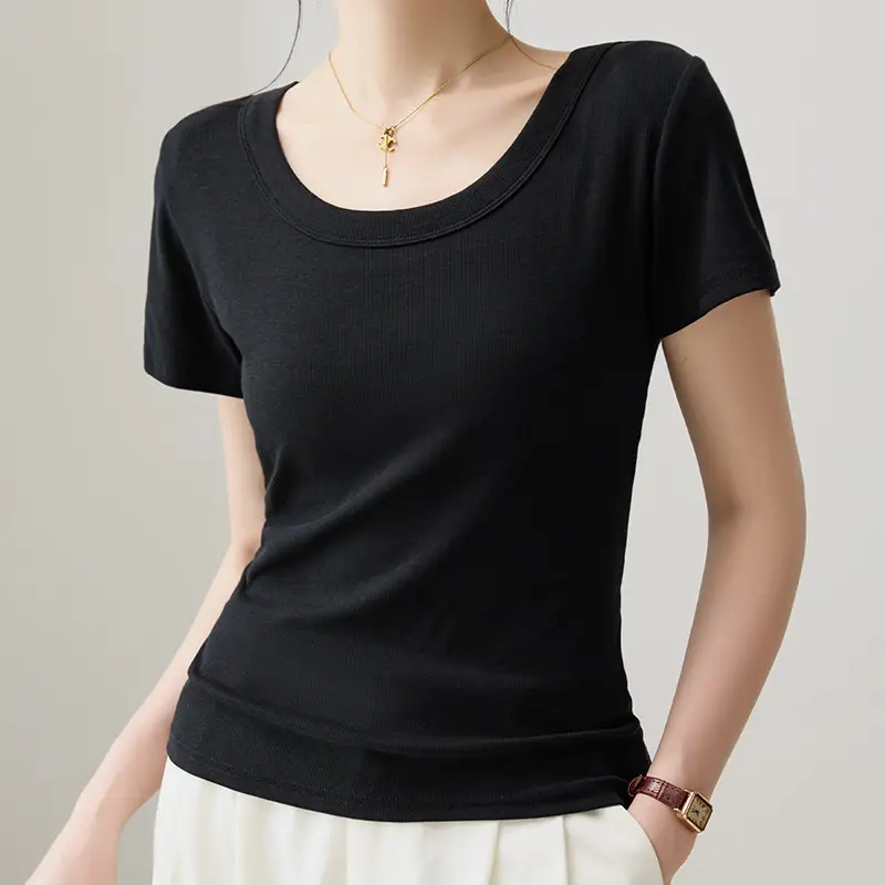 Solid Color Regular Shoulder Round Neck Short Sleeve T-Shirt for Women 2026 New Summer Versatile Slim Fit Cotton Base U-Neck Top