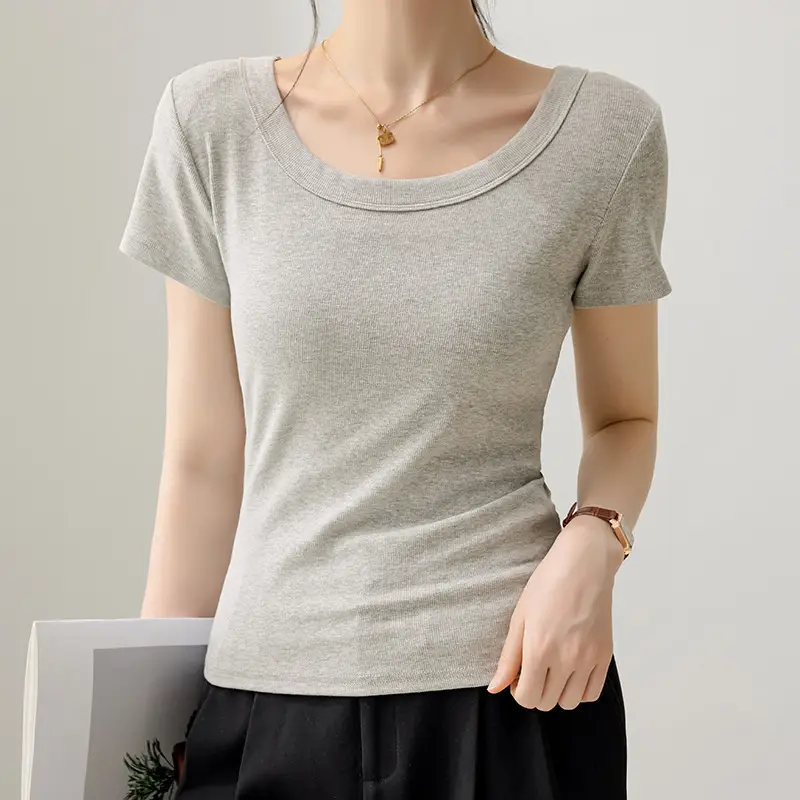 Solid Color Regular Shoulder Round Neck Short Sleeve T-Shirt for Women 2026 New Summer Versatile Slim Fit Cotton Base U-Neck Top