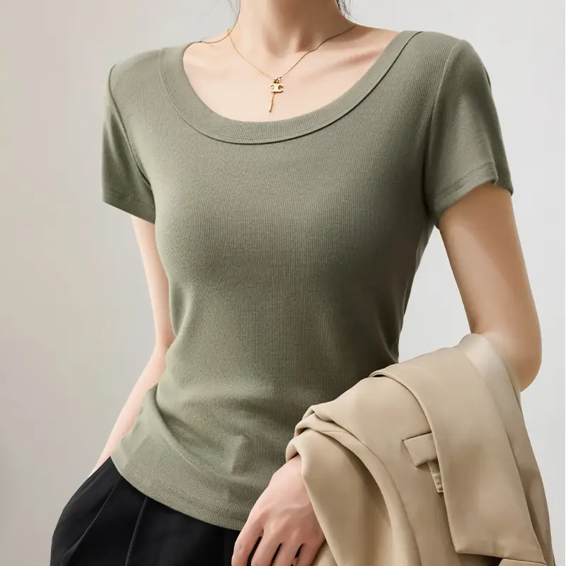 Solid Color Regular Shoulder Round Neck Short Sleeve T-Shirt for Women 2026 New Summer Versatile Slim Fit Cotton Base U-Neck Top