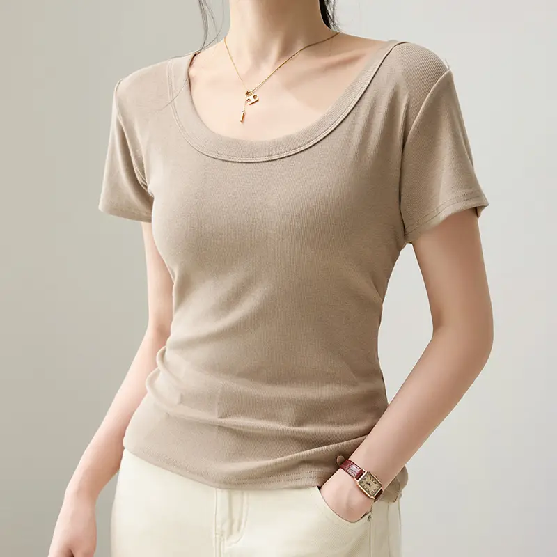 Solid Color Regular Shoulder Round Neck Short Sleeve T-Shirt for Women 2026 New Summer Versatile Slim Fit Cotton Base U-Neck Top
