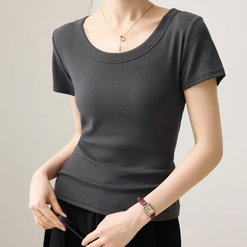 Solid Color Regular Shoulder Round Neck Short Sleeve T-Shirt for Women 2026 New Summer Versatile Slim Fit Cotton Base U-Neck Top
