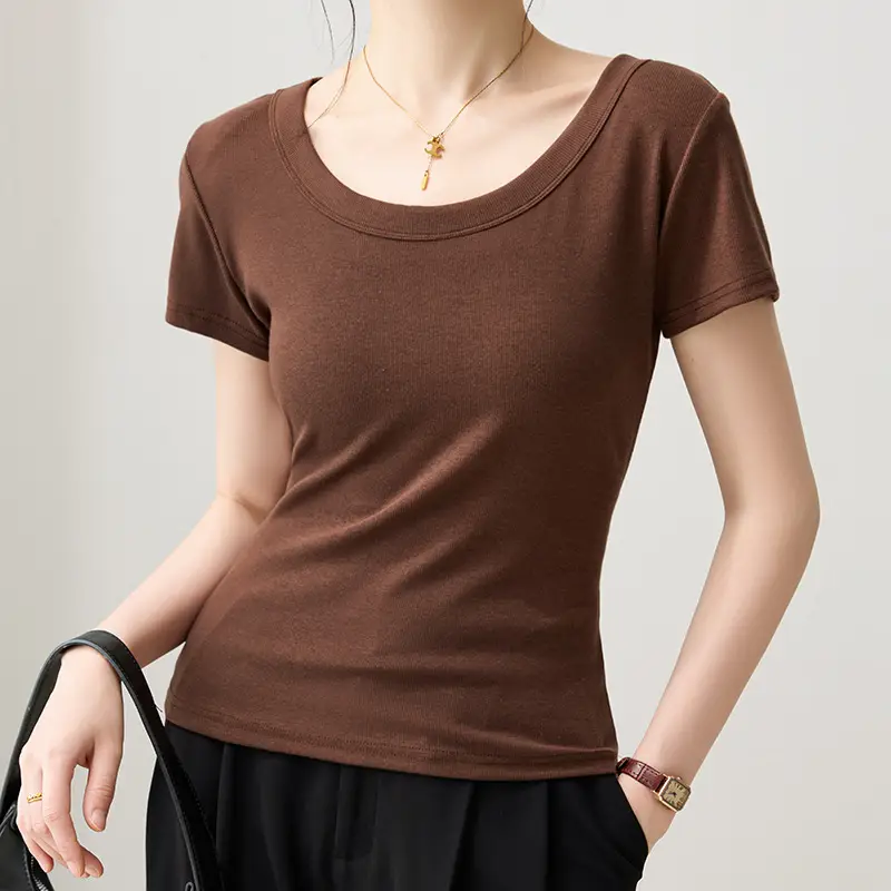 Solid Color Regular Shoulder Round Neck Short Sleeve T-Shirt for Women 2026 New Summer Versatile Slim Fit Cotton Base U-Neck Top