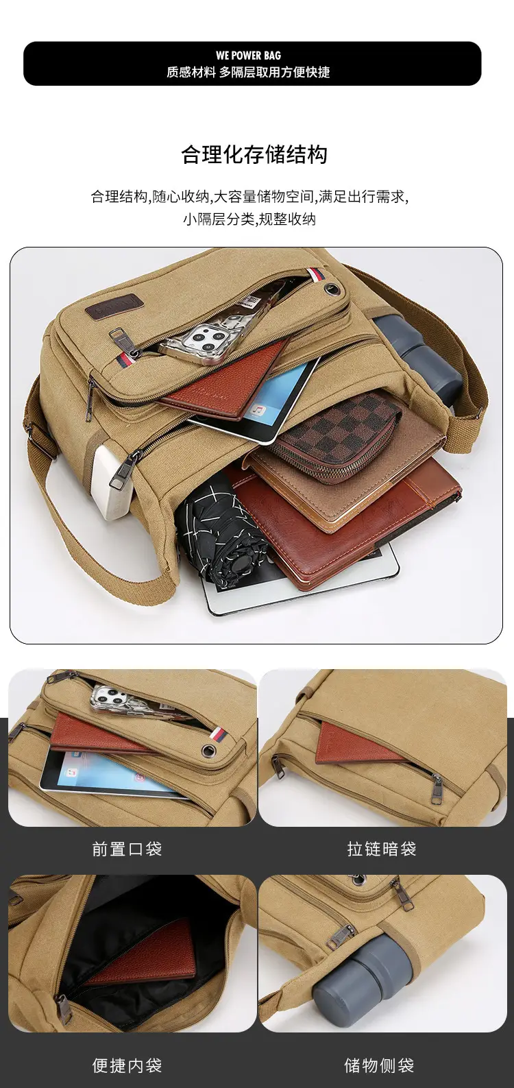 Men's Crossbody Bag Canvas Multi Layer Large Capacity — feature 8