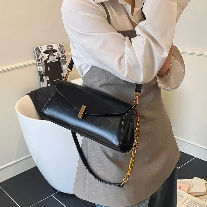 Women's Cream Chain Shoulder Bag with Gold Chain Strap - Image 8