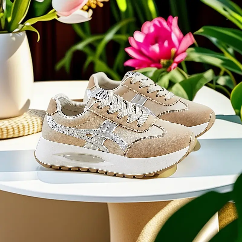 Women's Beige Blue Lace Casual Sneakers Thick White Sole
