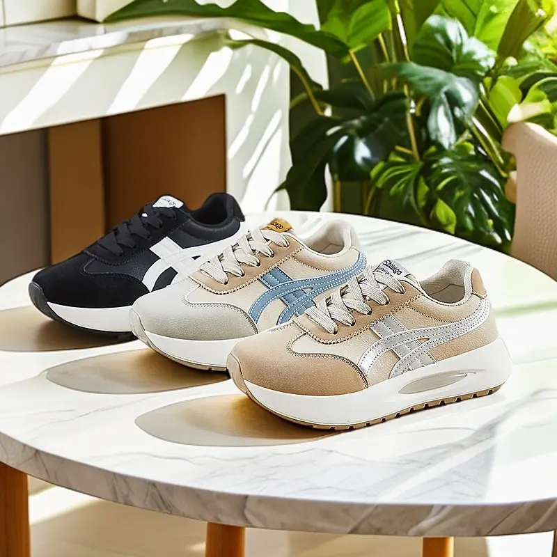 Women's Beige Blue Lace Casual Sneakers Thick White Sole