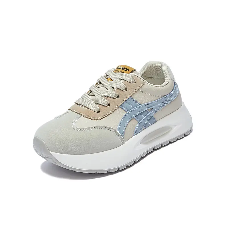 Women's Beige Blue Lace Casual Sneakers Thick White Sole
