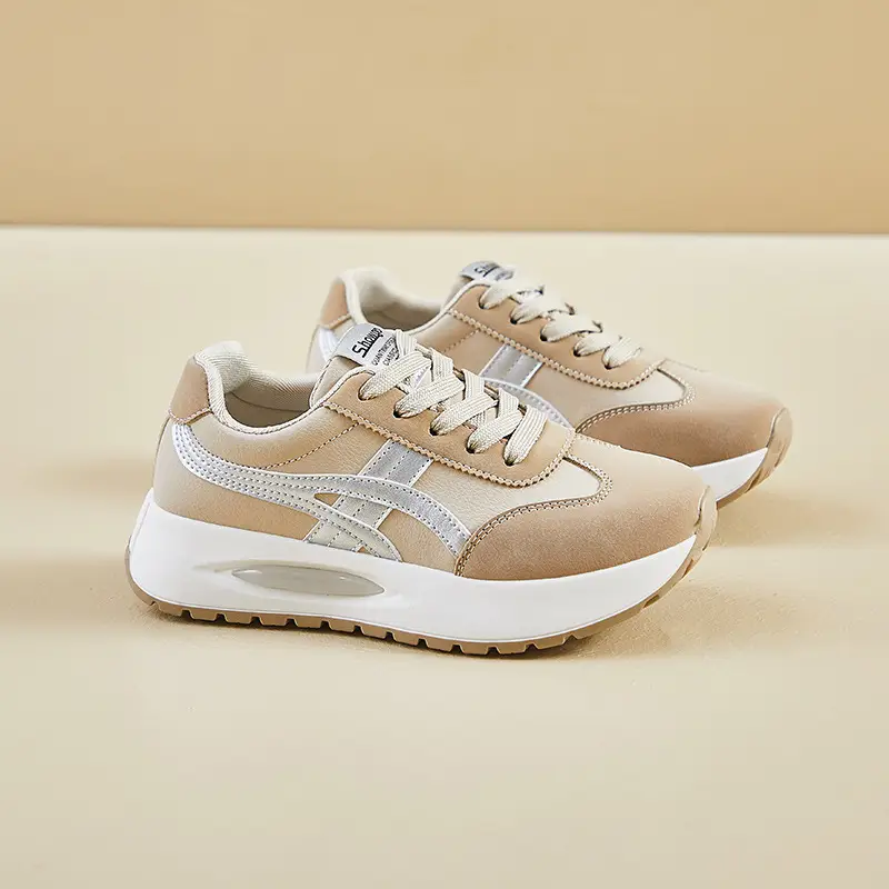 Women's Beige Blue Lace Casual Sneakers Thick White Sole