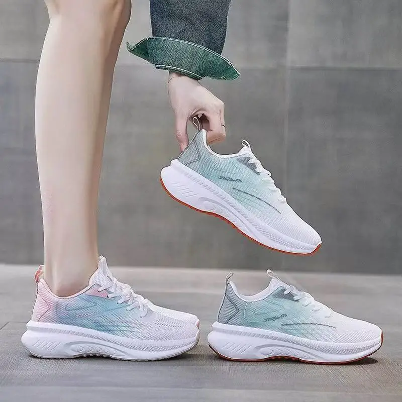 Women's Flying Weaving Casual Running Shoes White Blue Thick Sole - Image 4
