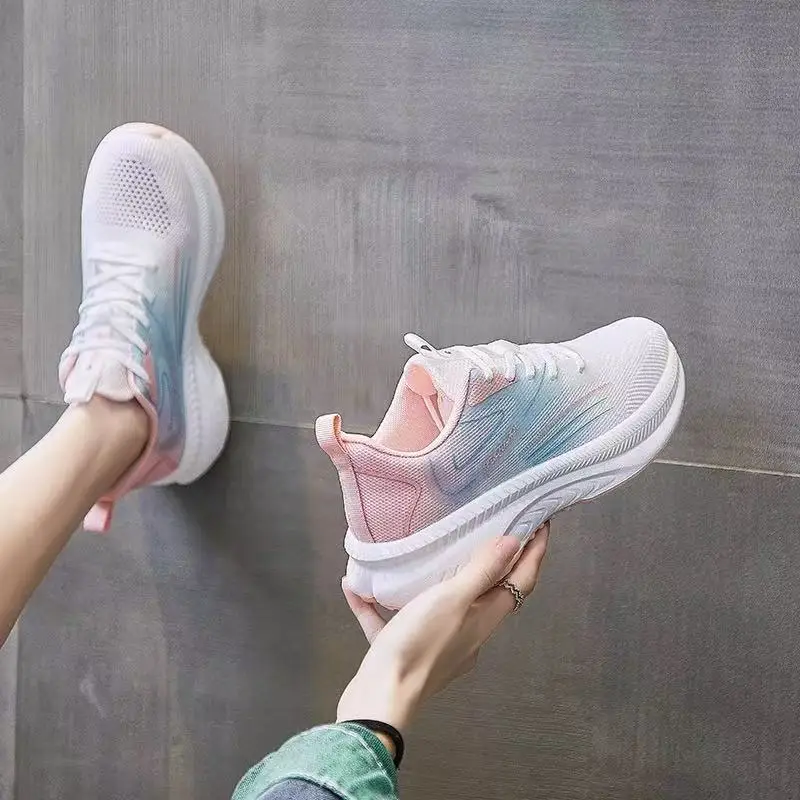 Women's Flying Weaving Casual Running Shoes White Blue Thick Sole - Image 5