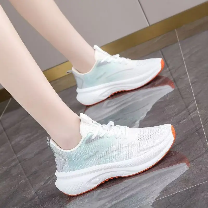 Women's Flying Weaving Casual Running Shoes White Blue Thick Sole - Image 6