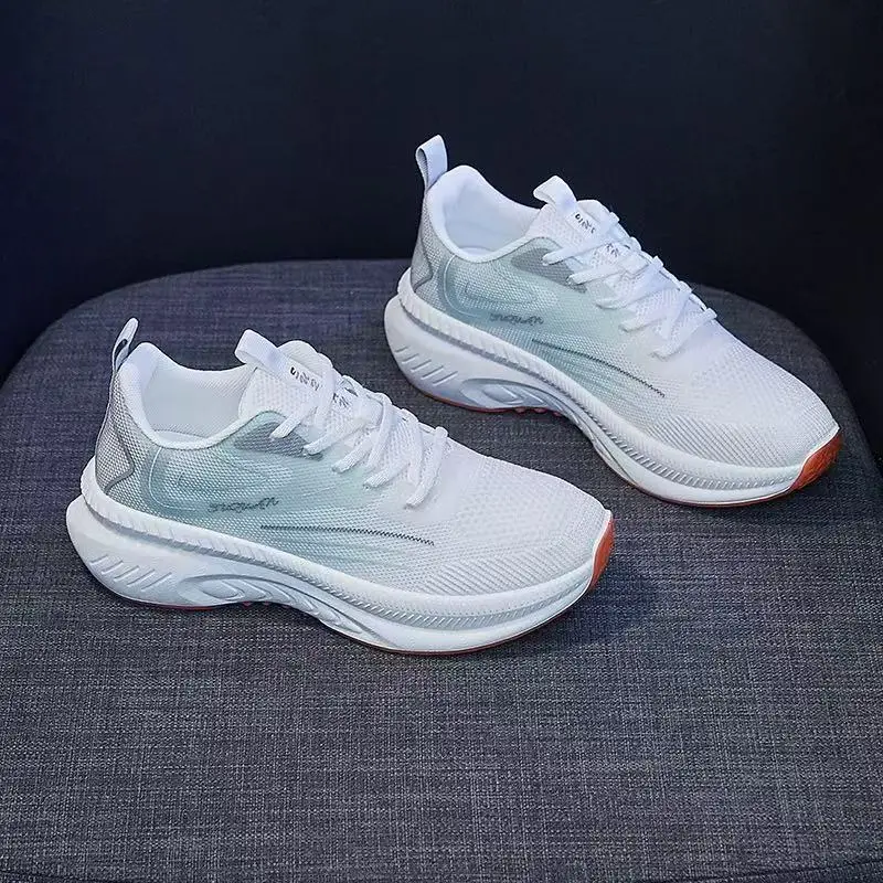 Women's Flying Weaving Casual Running Shoes White Blue Thick Sole - Image 2