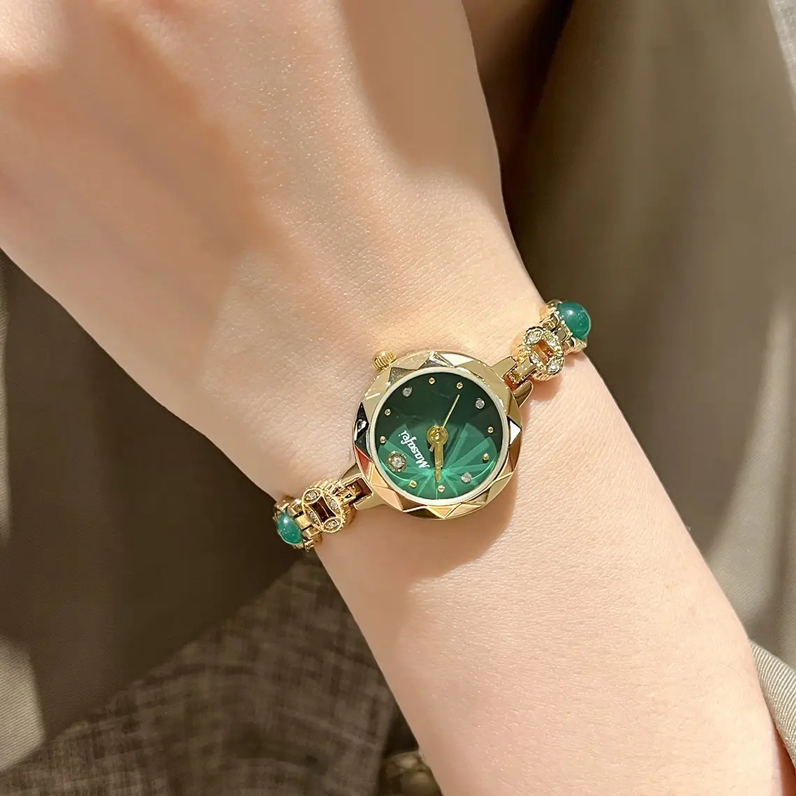 Women's Green Crystal Bracelet Watch with Gold Chain - Image 2