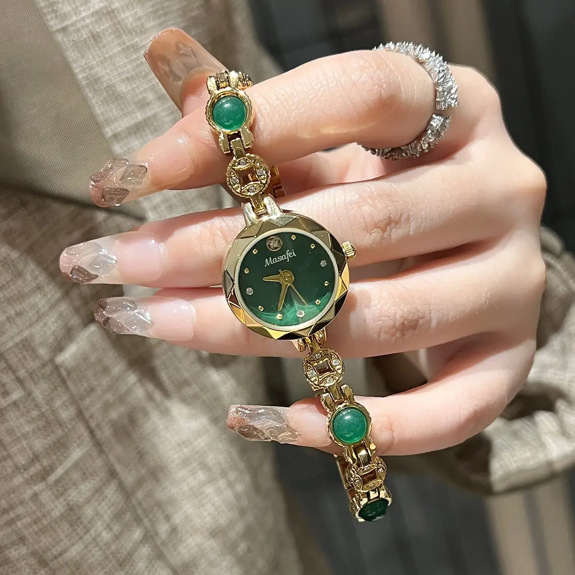 Women's Green Crystal Bracelet Watch with Gold Chain - Image 3