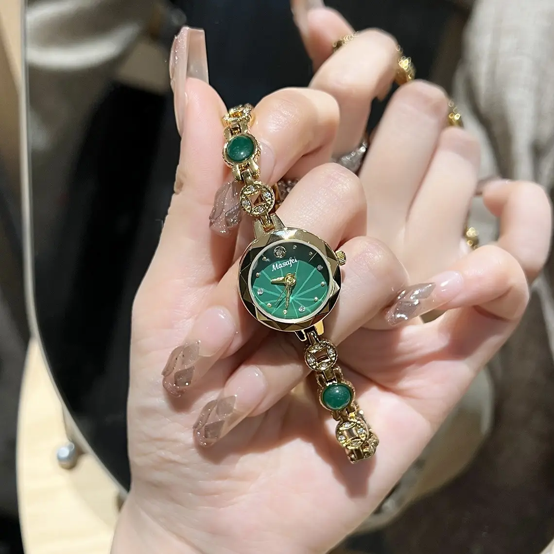 Women's Green Crystal Bracelet Watch with Gold Chain - Image 4