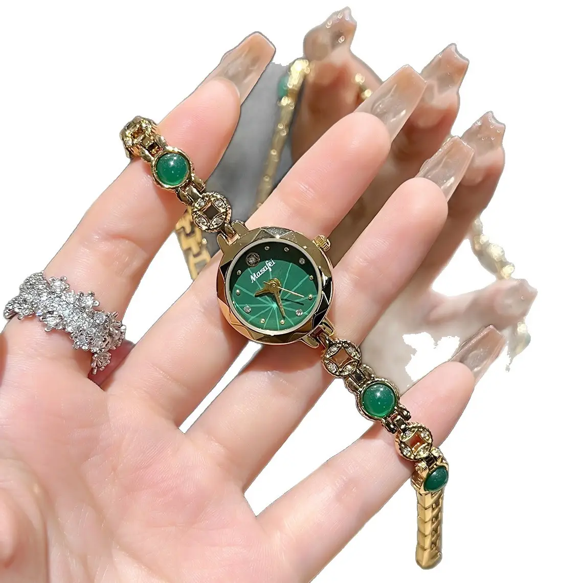 Women's Green Crystal Bracelet Watch with Gold Chain - Image 5