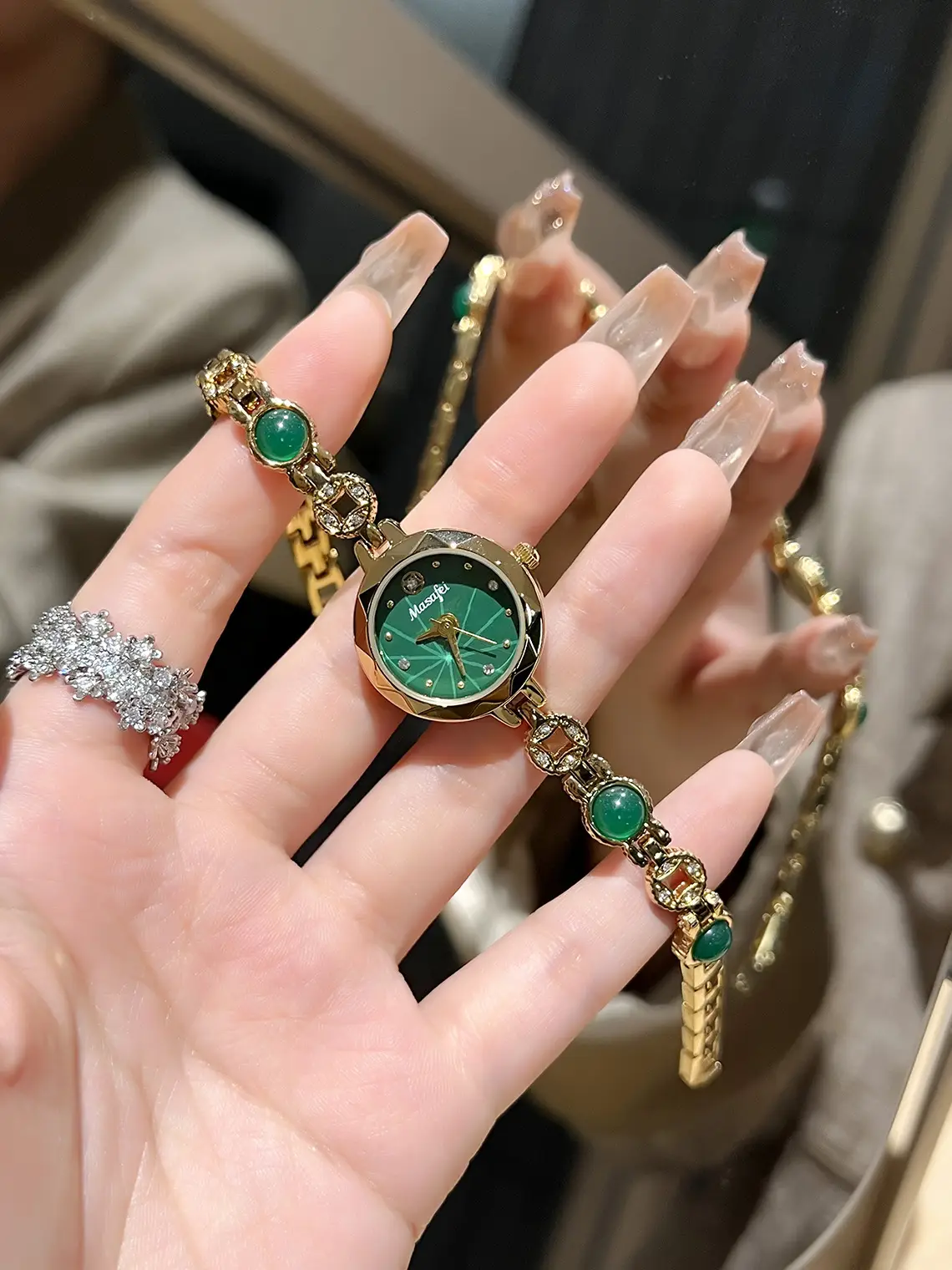 Women's Green Crystal Bracelet Watch with Gold Chain — feature 1