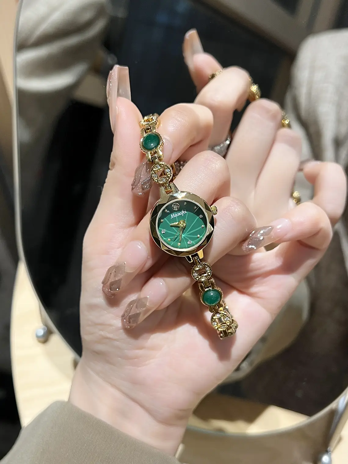 Women's Green Crystal Bracelet Watch with Gold Chain — feature 2