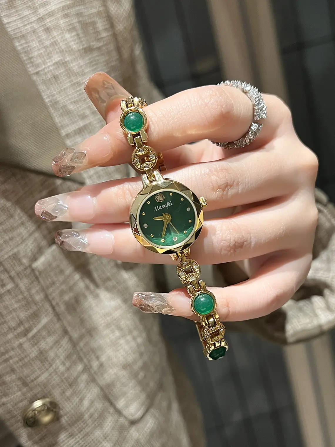 Women's Green Crystal Bracelet Watch with Gold Chain — feature 3