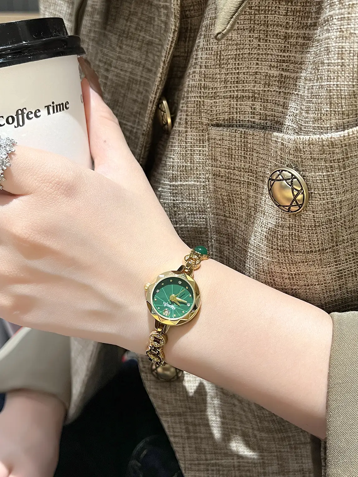 Women's Green Crystal Bracelet Watch with Gold Chain — feature 7