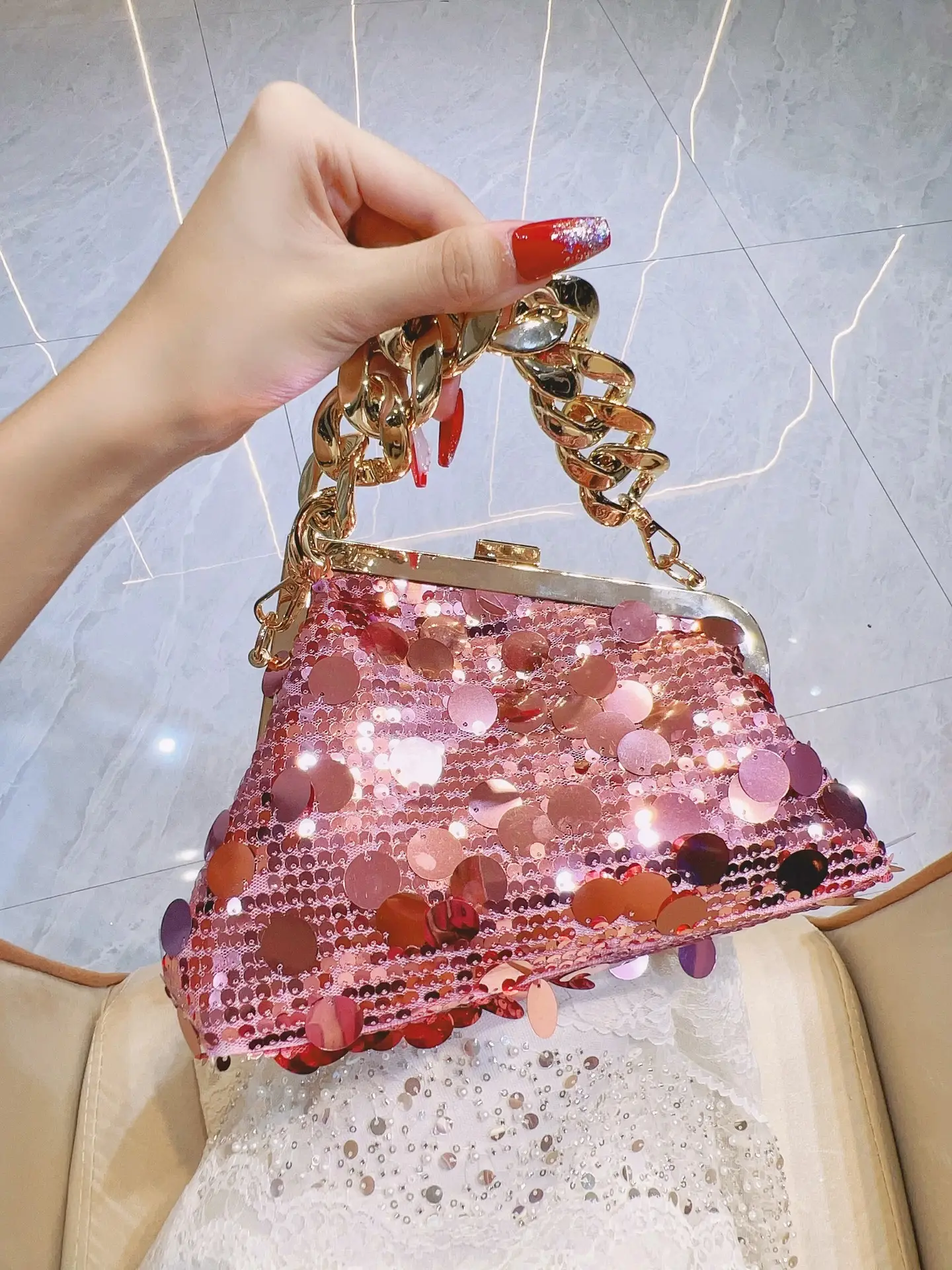 Pink Sequin Chain Shoulder Bag for Women - Image 8