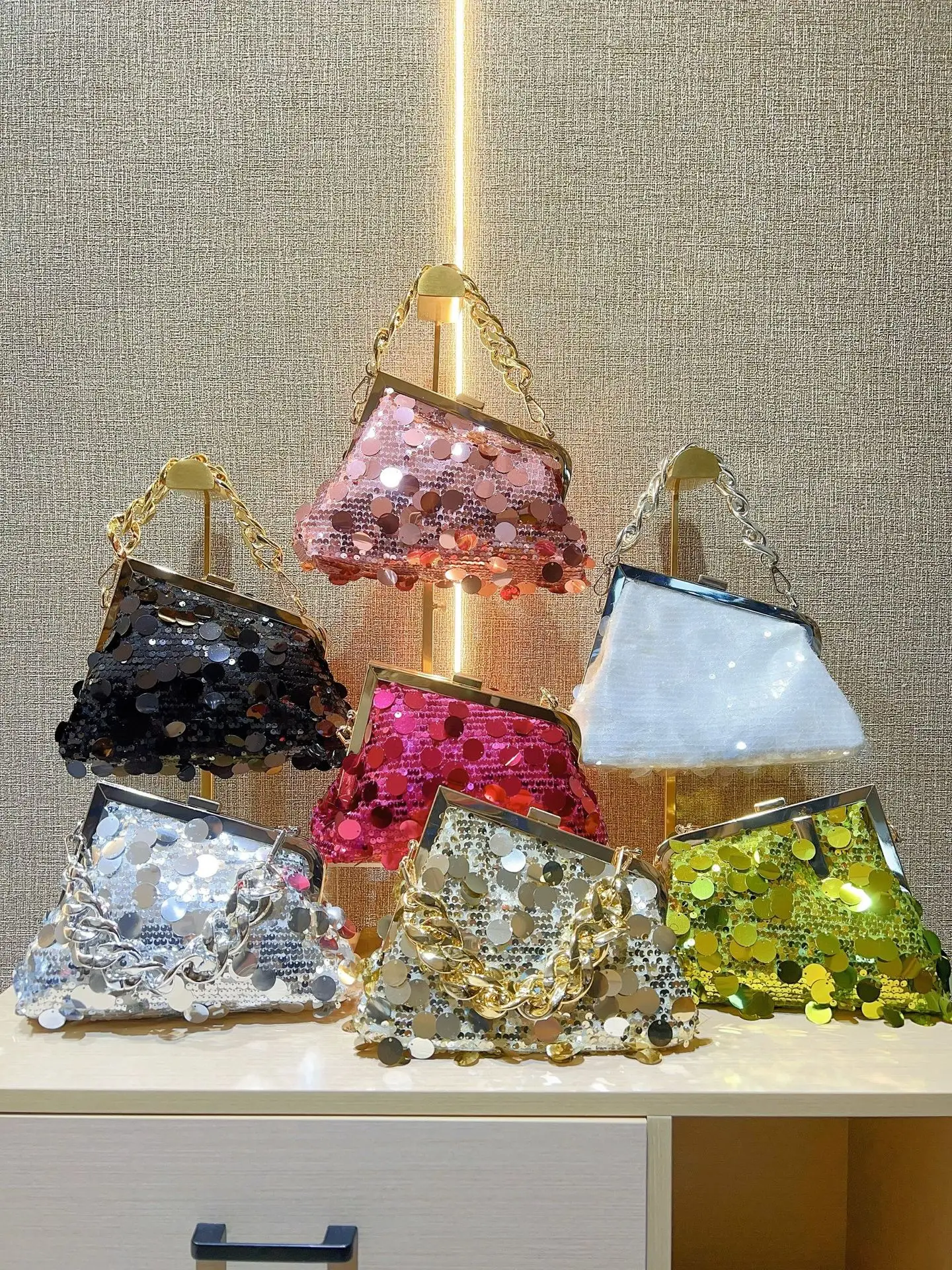 Pink Sequin Chain Shoulder Bag for Women - Image 10