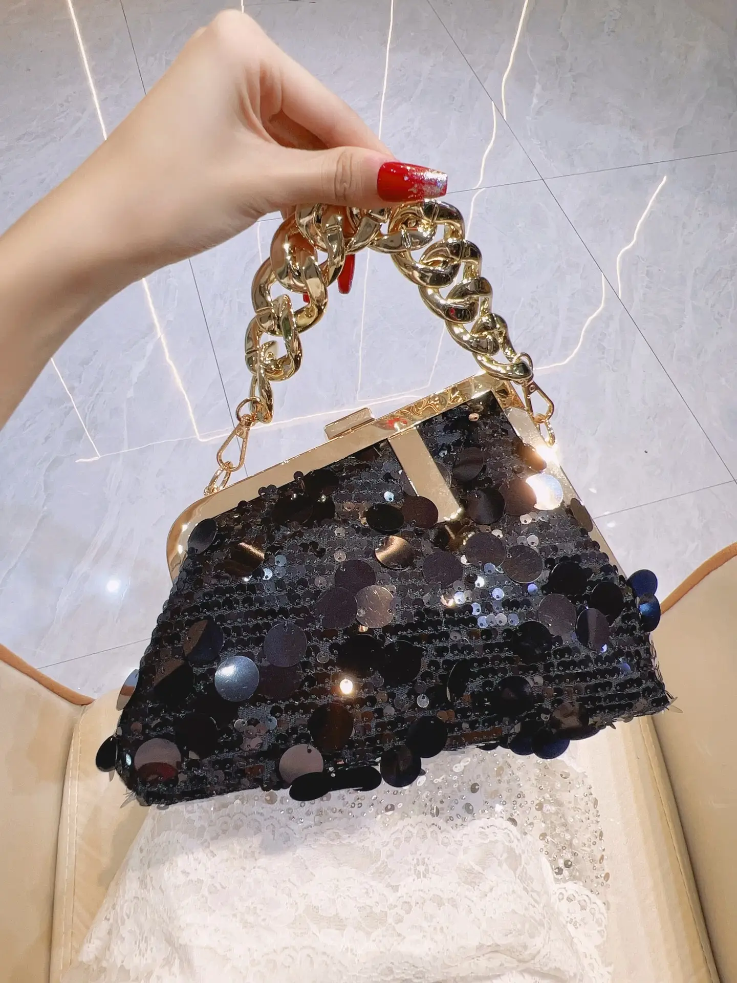 Pink Sequin Chain Shoulder Bag for Women — feature 11
