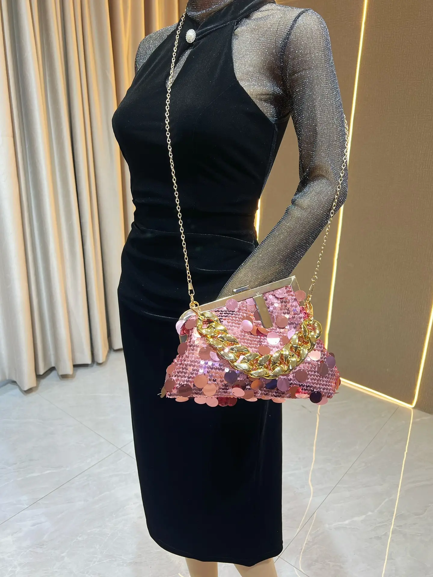 Pink Sequin Chain Shoulder Bag for Women — feature 14