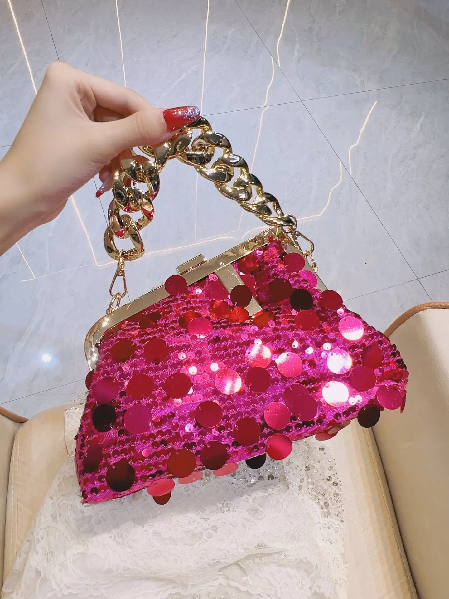 Pink Sequin Chain Shoulder Bag for Women — feature 8