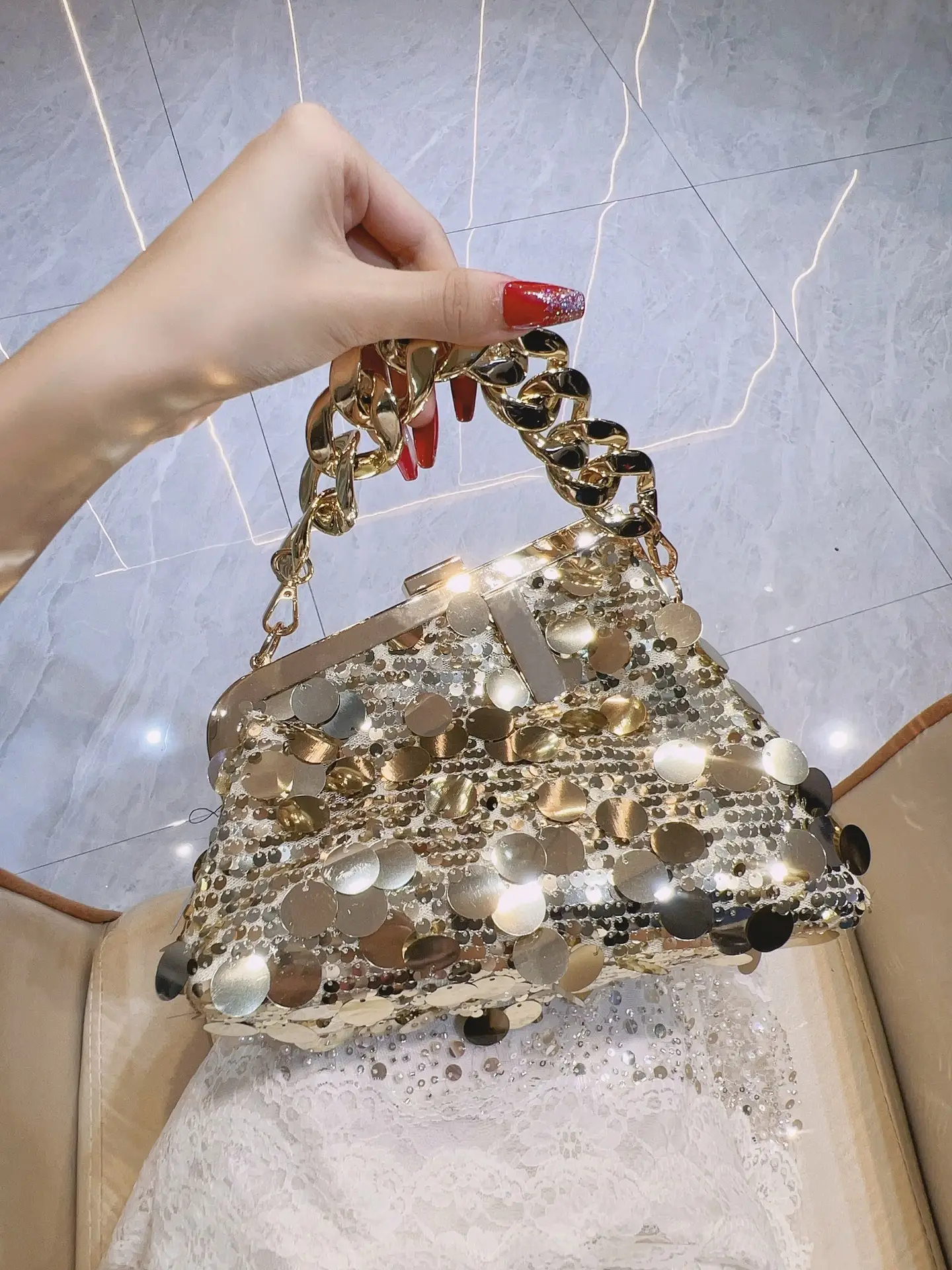 Pink Sequin Chain Shoulder Bag for Women — feature 9