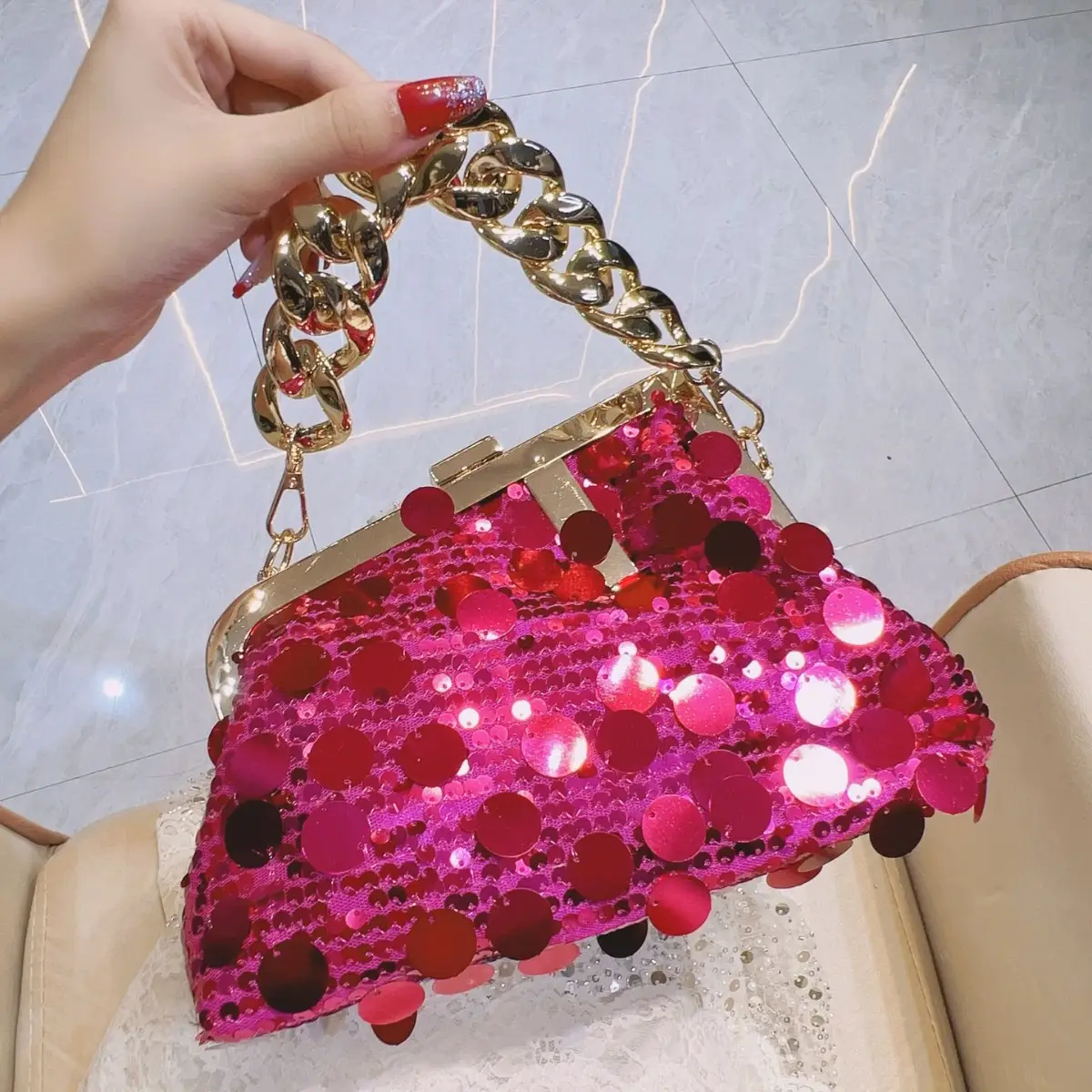 Pink Sequin Chain Shoulder Bag for Women - Image 2
