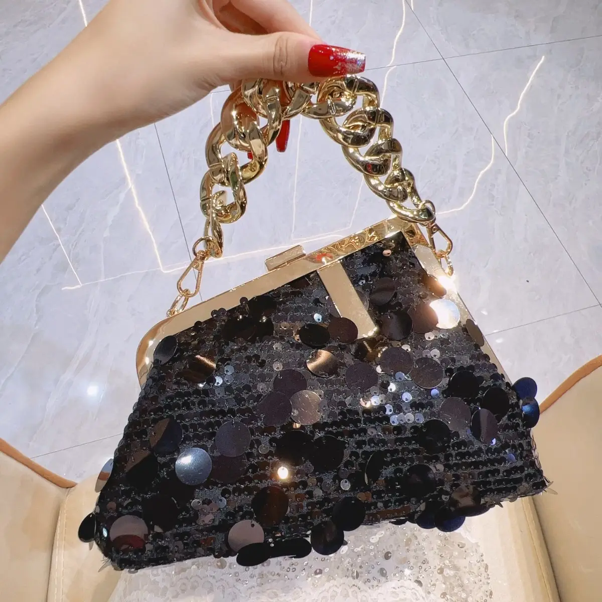 Pink Sequin Chain Shoulder Bag for Women - Image 3