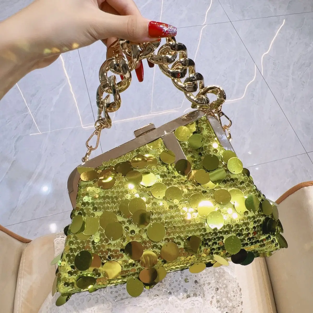 Pink Sequin Chain Shoulder Bag for Women - Image 6