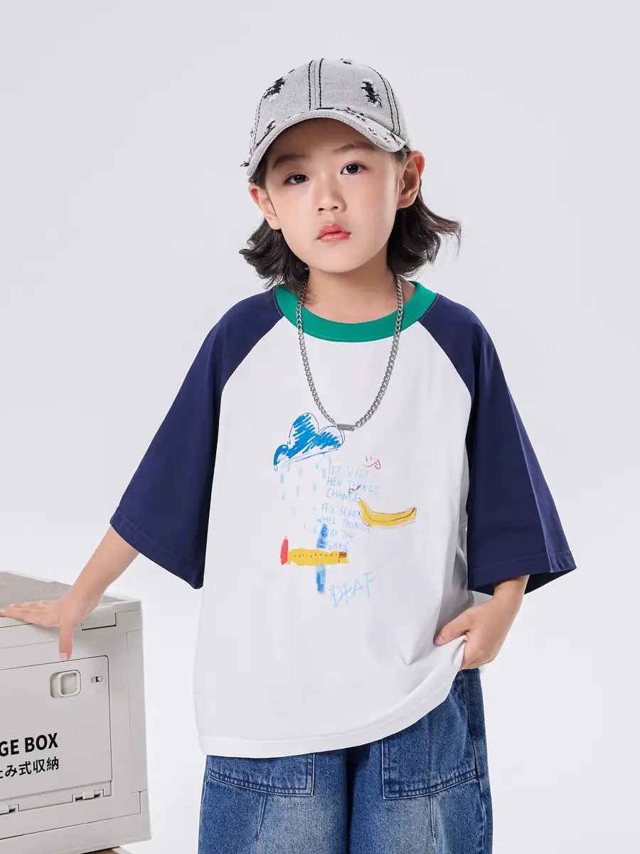 Boys T-shirt 2025 Summer Cotton Raglan Sleeve Round Neck