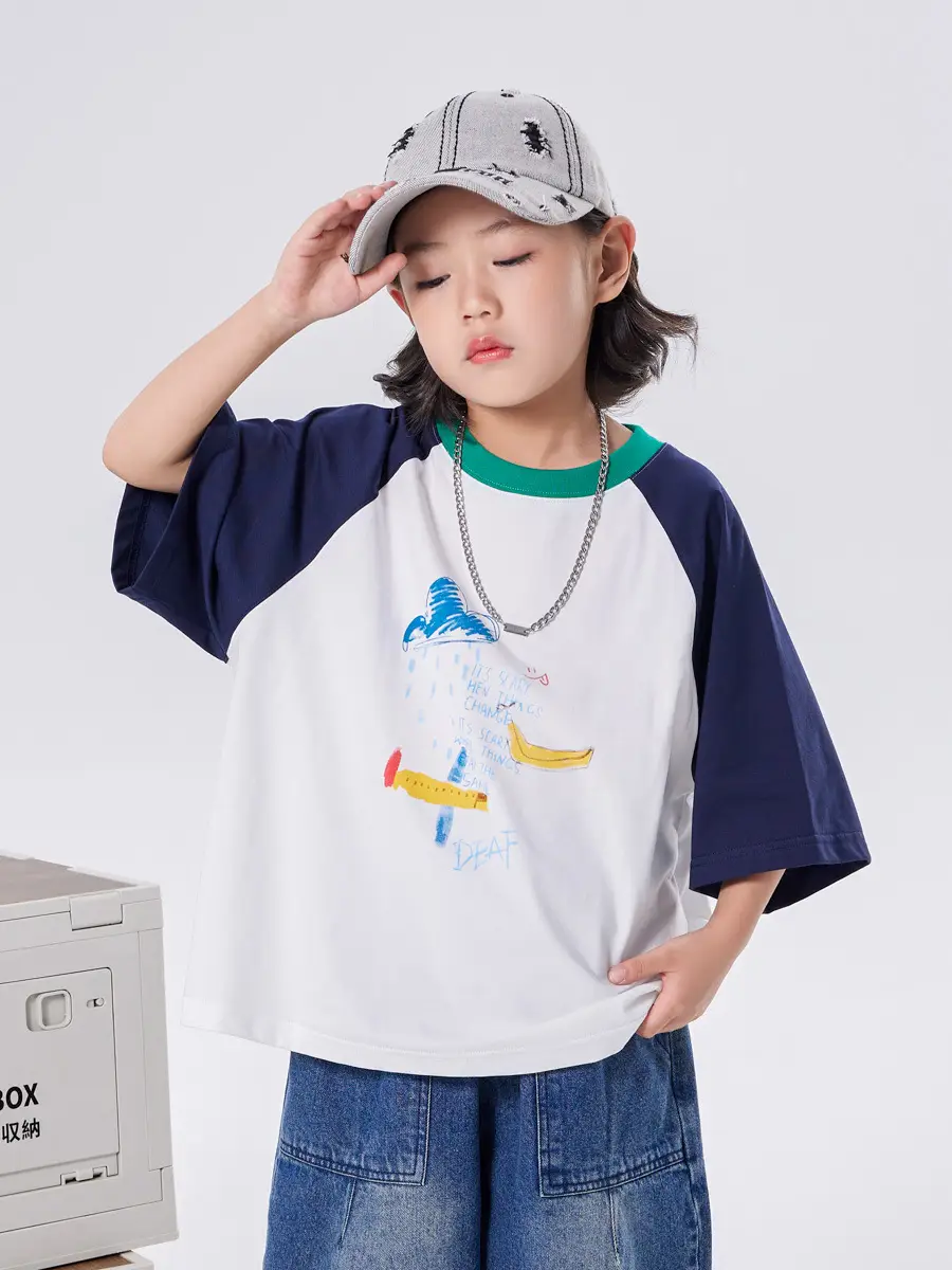 Boys T-shirt 2025 Summer Cotton Raglan Sleeve Round Neck
