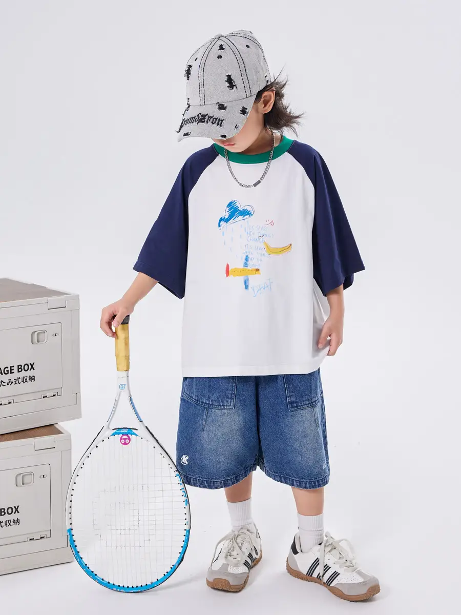Boys T-shirt 2025 Summer Cotton Raglan Sleeve Round Neck
