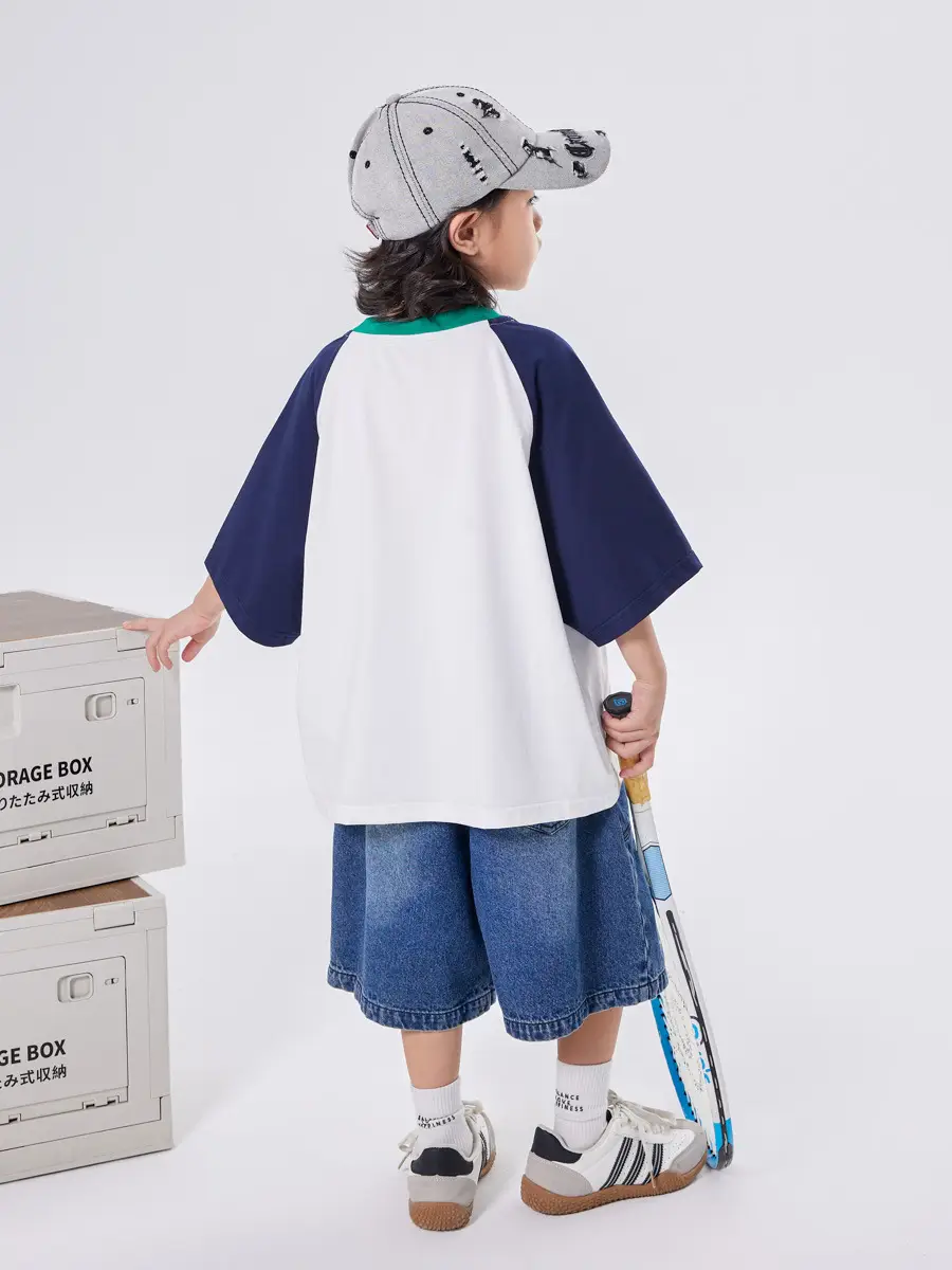Boys T-shirt 2025 Summer Cotton Raglan Sleeve Round Neck