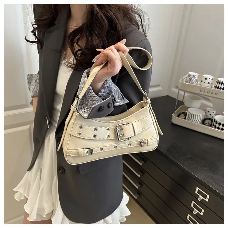 Beige Leather Crossbody Bag with Buckle & Strap — feature 11