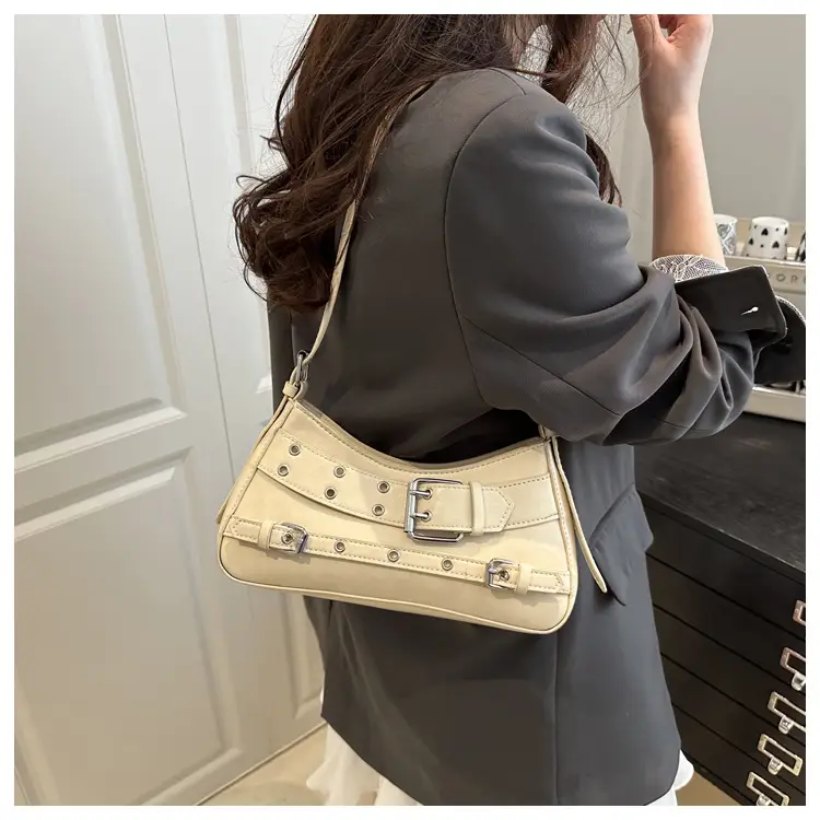 Beige Leather Crossbody Bag with Buckle & Strap — feature 12