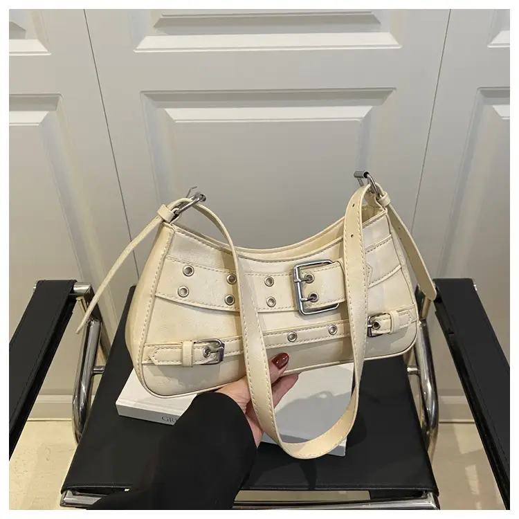 Beige Leather Crossbody Bag with Buckle & Strap - Image 5