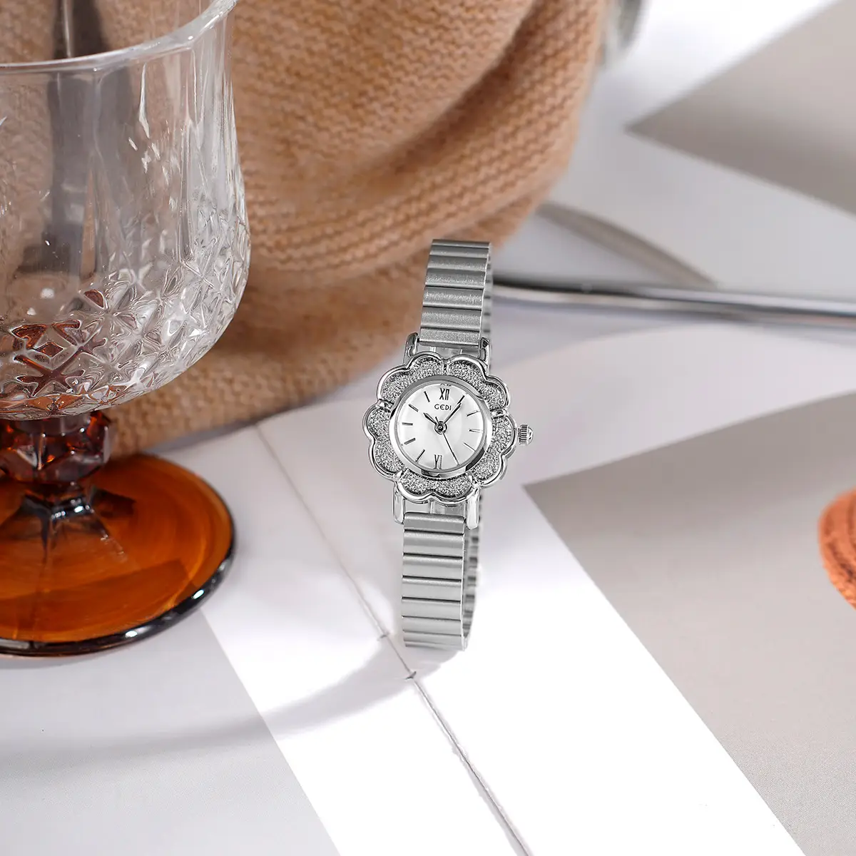 Women's Gold Petal Watch with Diamond Crystal Band - Image 6