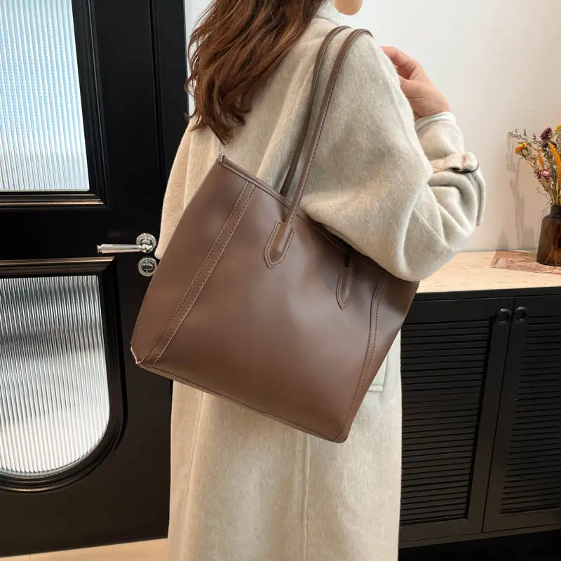 Women's Cross-Border Leather Tote Bag Large Capacity Beige - Image 4