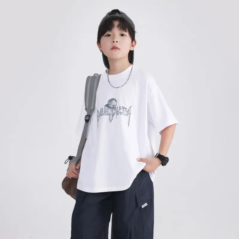 Boys White Cotton T-Shirt 2025 with Cap Back Design - Image 3
