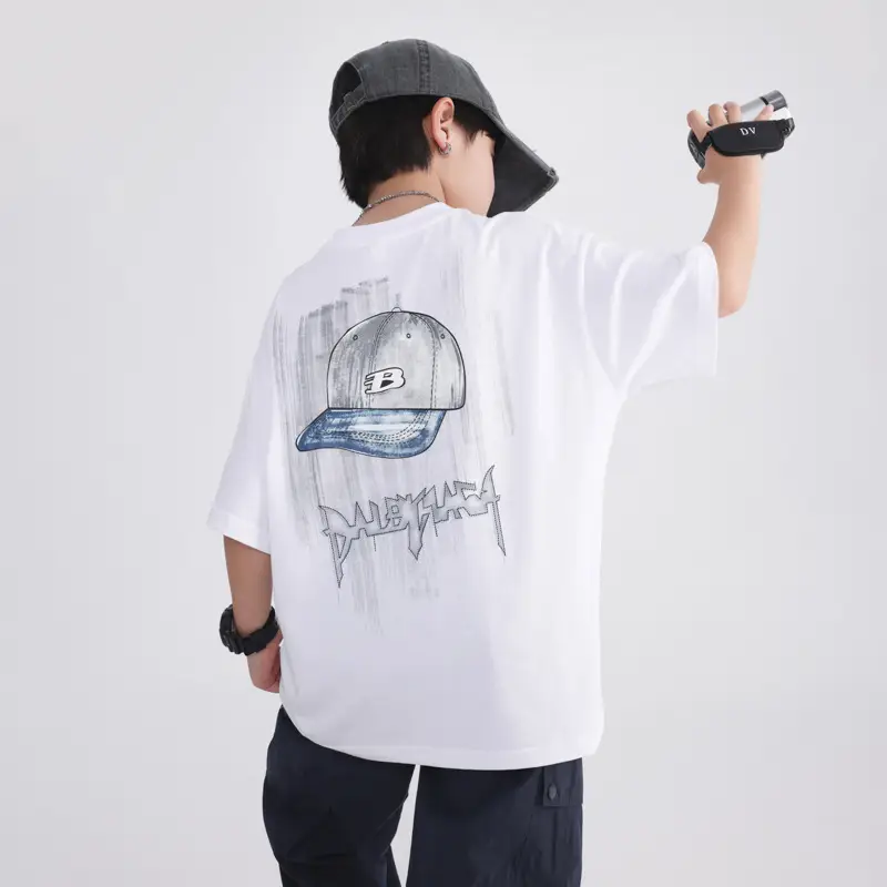 Boys White Cotton T-Shirt 2025 with Cap Back Design - Image 4
