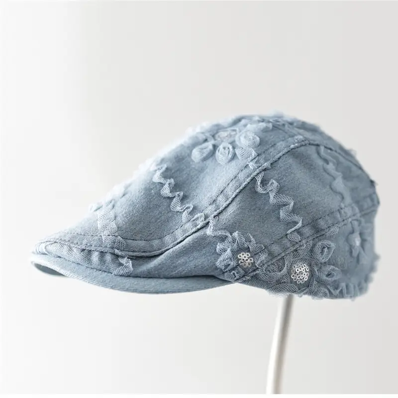 Women Blue Lace Flower Cap with Sunshade - Image 3