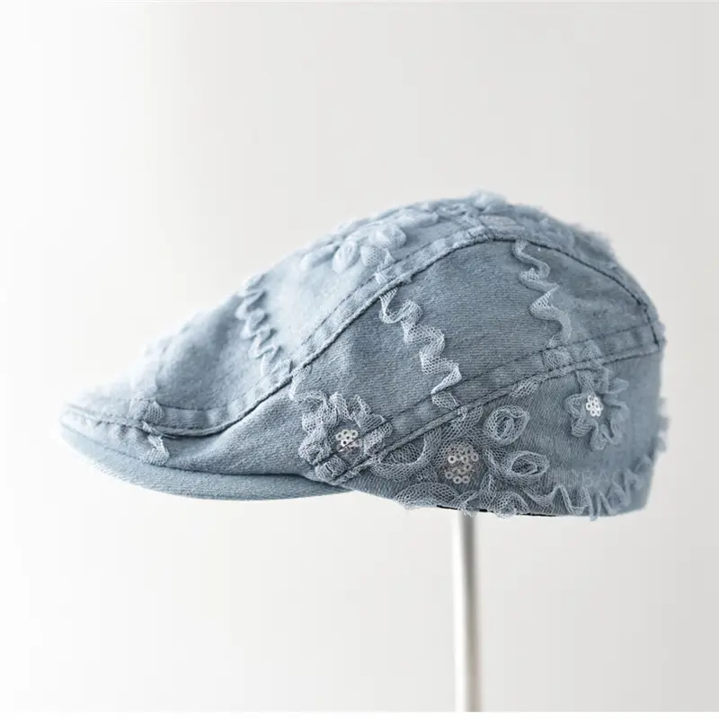 Women Blue Lace Flower Cap with Sunshade - Image 4