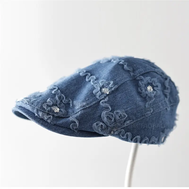 Women Blue Lace Flower Cap with Sunshade - Image 5